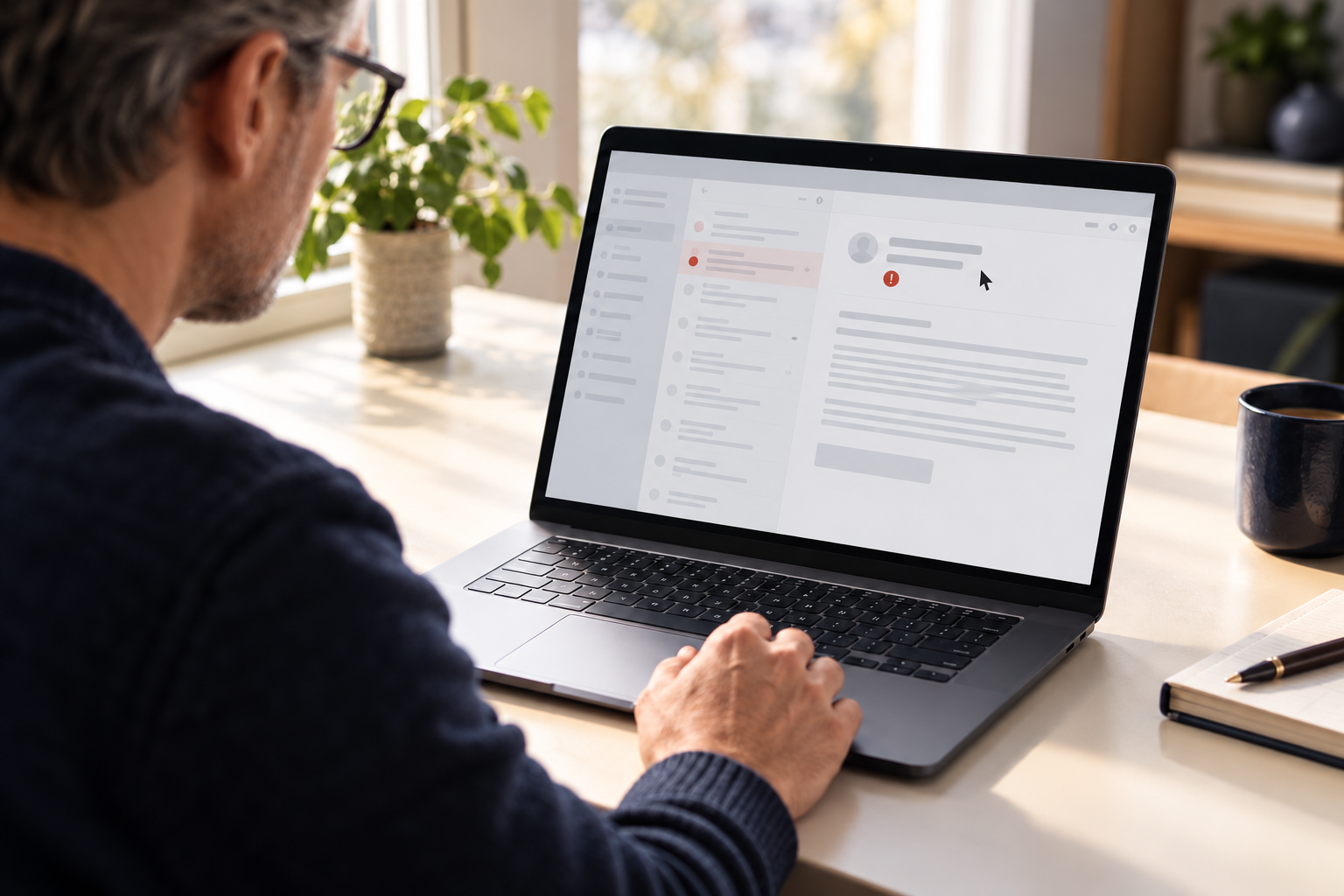 Person prüft eine E-Mail am Laptop auf einem hellen Schreibtisch.