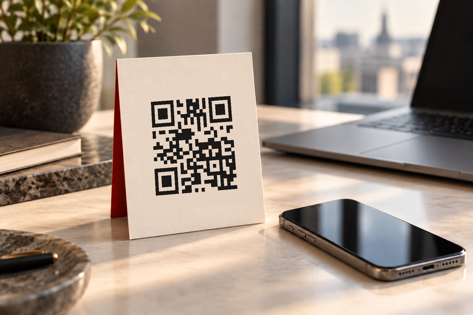 Aufsteller mit einem QR-Code-Motiv neben einem Smartphone auf einem hellen Schreibtisch.